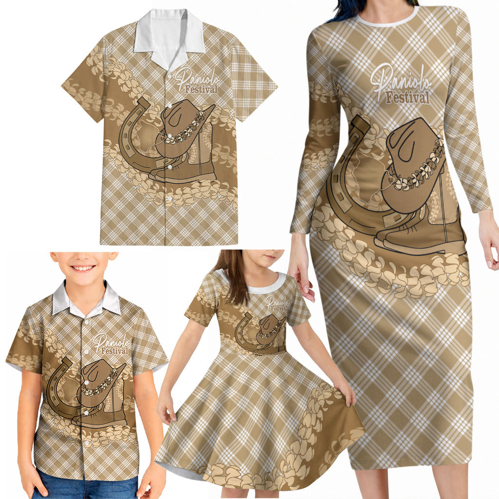 Makue Hawaii Cowboy Palaka Motifs Personalised Family Matching Long Sleeve Bodycon Dress and Hawaiian Shirt Paniolo Festival Puakenikeni Lei LT14 - Polynesian Pride