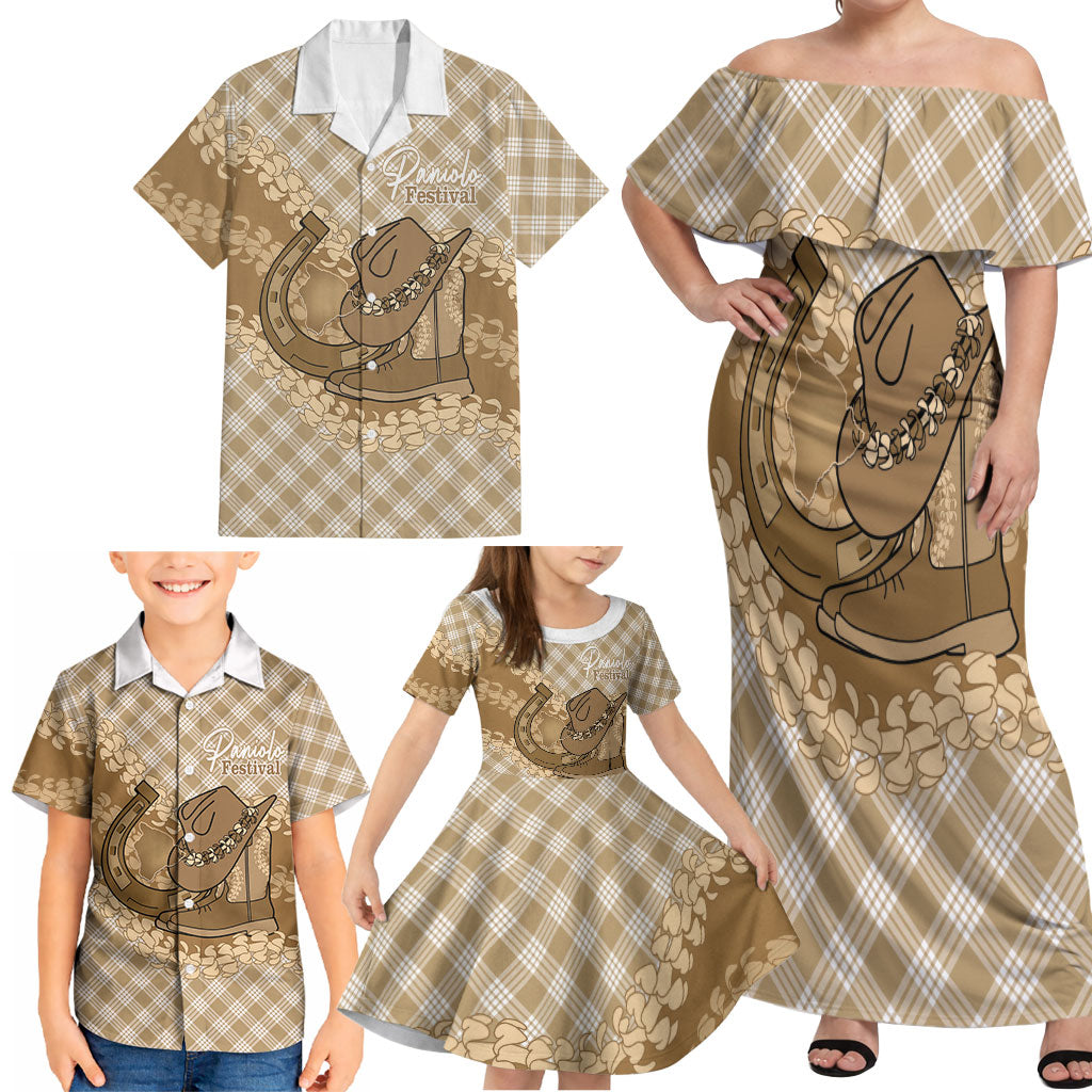 Makue Hawaii Cowboy Palaka Motifs Personalised Family Matching Off Shoulder Maxi Dress and Hawaiian Shirt Paniolo Festival Puakenikeni Lei LT14 - Polynesian Pride