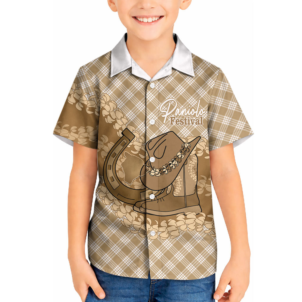 Makue Hawaii Cowboy Palaka Motifs Personalised Kid Hawaiian Shirt Paniolo Festival Puakenikeni Lei LT14 Kid Brown - Polynesian Pride