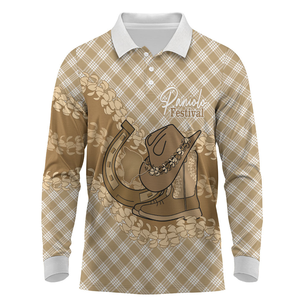 Makue Hawaii Cowboy Palaka Motifs Personalised Long Sleeve Polo Shirt Paniolo Festival Puakenikeni Lei LT14 Brown - Polynesian Pride