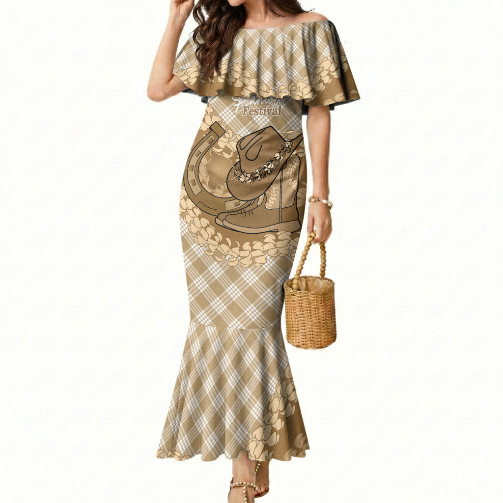 Makue Hawaii Cowboy Palaka Motifs Personalised Mermaid Dress Paniolo Festival Puakenikeni Lei LT14 Women Brown - Polynesian Pride
