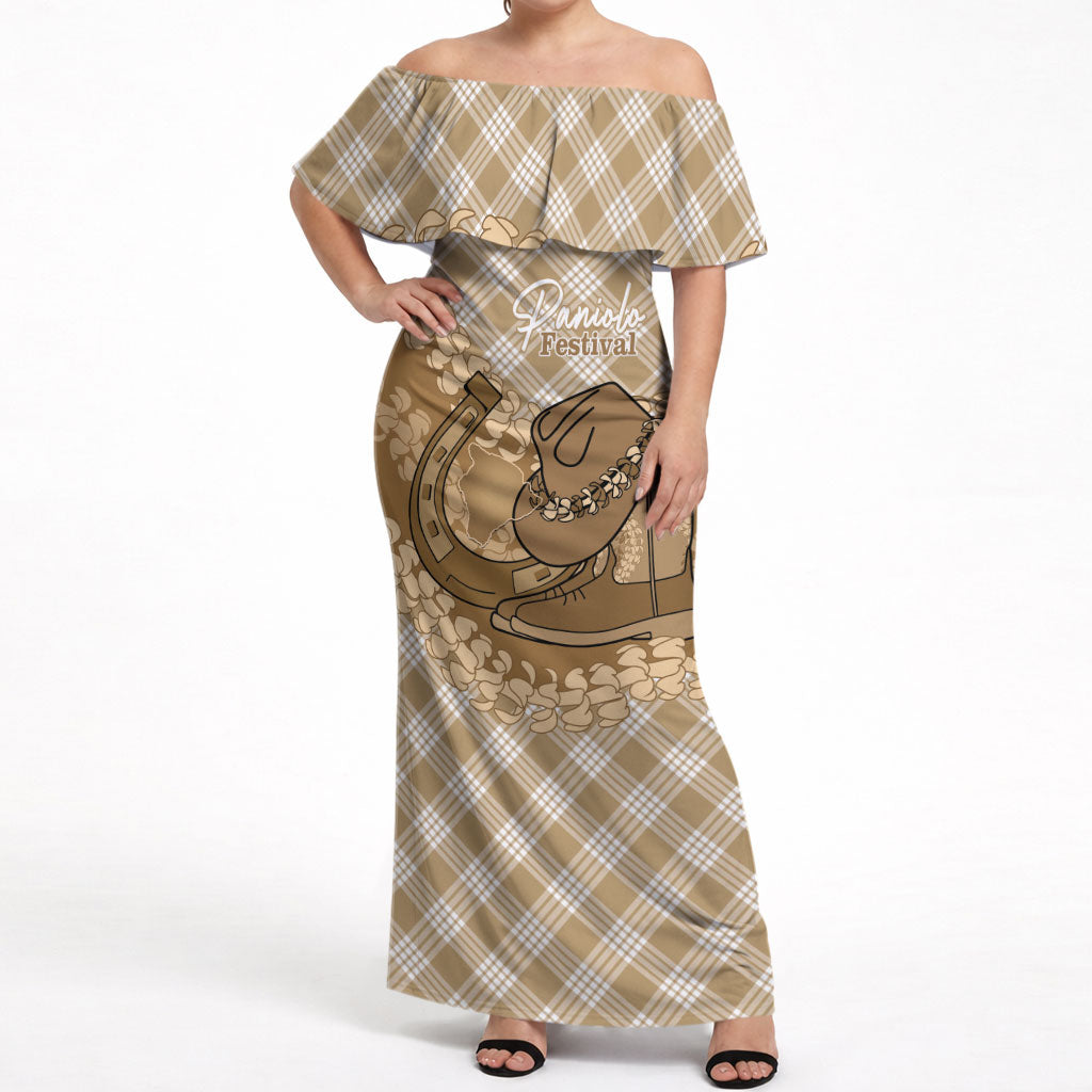 Makue Hawaii Cowboy Palaka Motifs Personalised Off Shoulder Maxi Dress Paniolo Festival Puakenikeni Lei LT14 Women Brown - Polynesian Pride