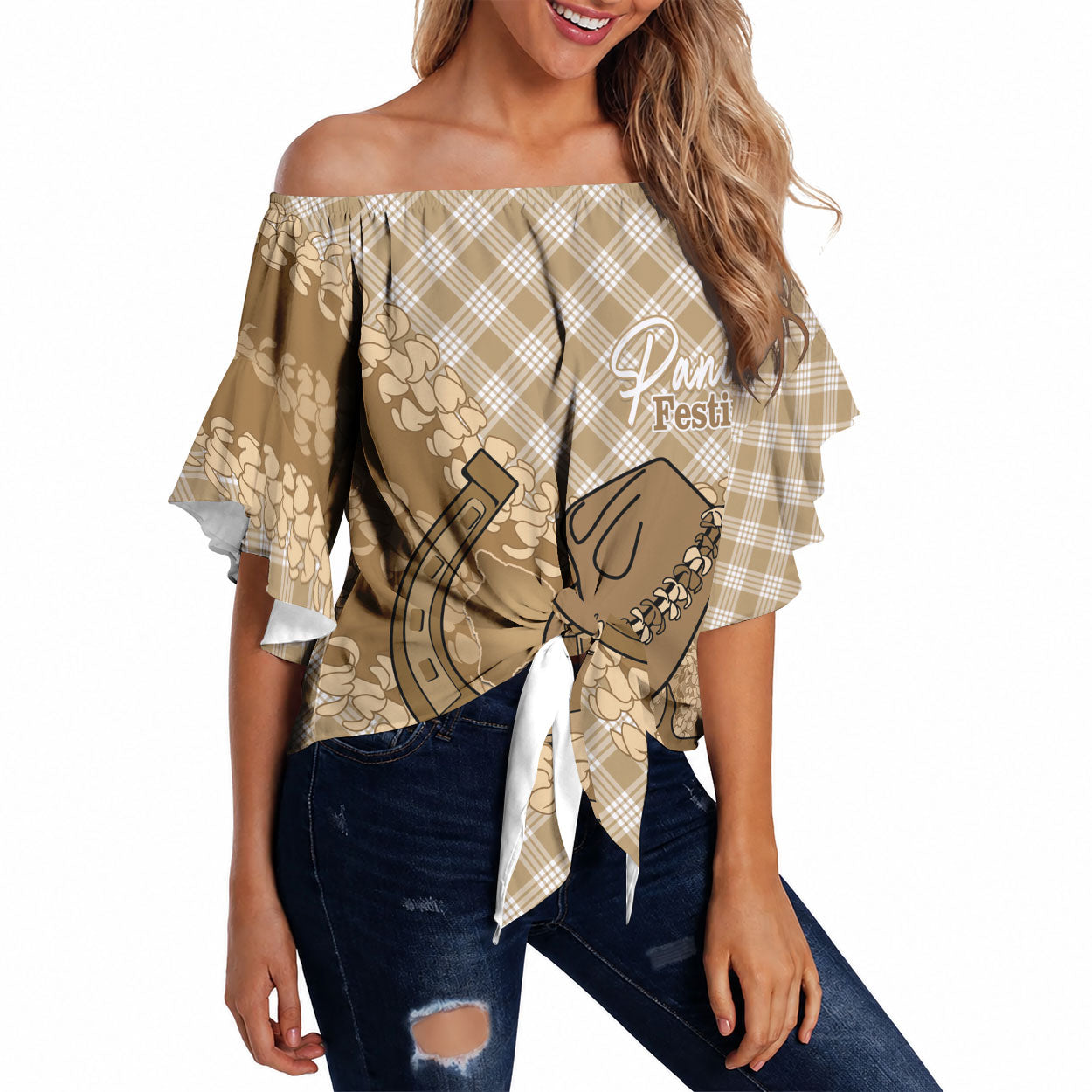 Makue Hawaii Cowboy Palaka Motifs Personalised Off Shoulder Wrap Waist Top Paniolo Festival Puakenikeni Lei