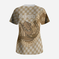 Makue Hawaii Cowboy Palaka Motifs Personalised Scrub Top Paniolo Festival Puakenikeni Lei LT14 - Polynesian Pride