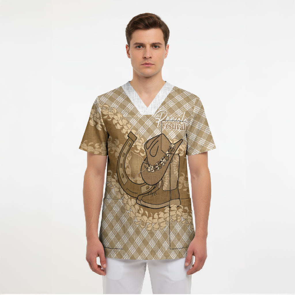 Makue Hawaii Cowboy Palaka Motifs Personalised Scrub Top Paniolo Festival Puakenikeni Lei LT14 - Polynesian Pride