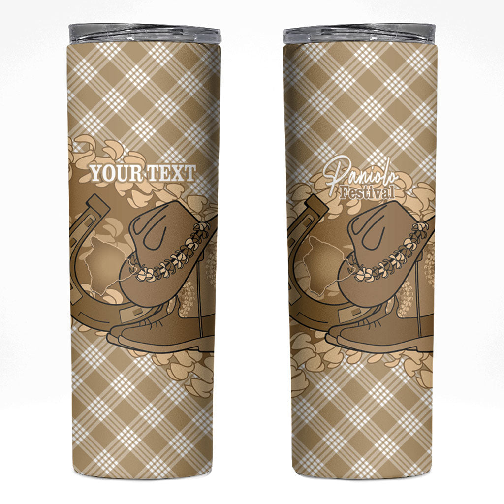 Makue Hawaii Cowboy Palaka Motifs Personalised Skinny Tumbler Paniolo Festival Puakenikeni Lei LT14 Brown - Polynesian Pride