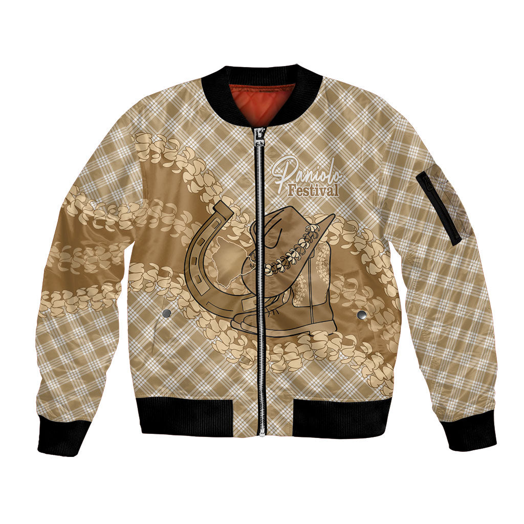 Makue Hawaii Cowboy Palaka Motifs Personalised Sleeve Zip Bomber Jacket Paniolo Festival Puakenikeni Lei