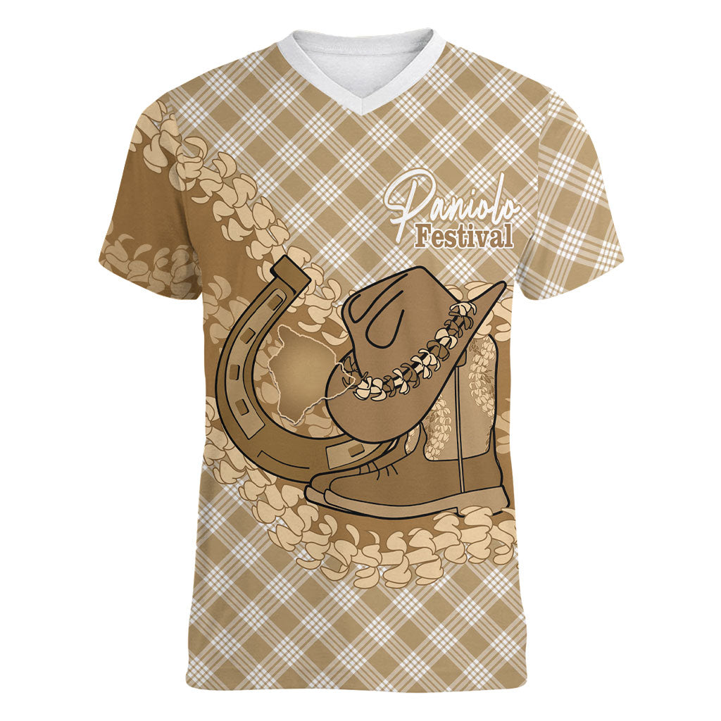 Makue Hawaii Cowboy Palaka Motifs Personalised Women V-Neck T-Shirt Paniolo Festival Puakenikeni Lei