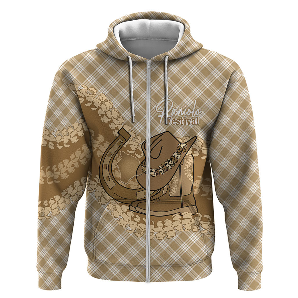 Makue Hawaii Cowboy Palaka Motifs Personalised Zip Hoodie Paniolo Festival Puakenikeni Lei LT14 Zip Hoodie Brown - Polynesian Pride