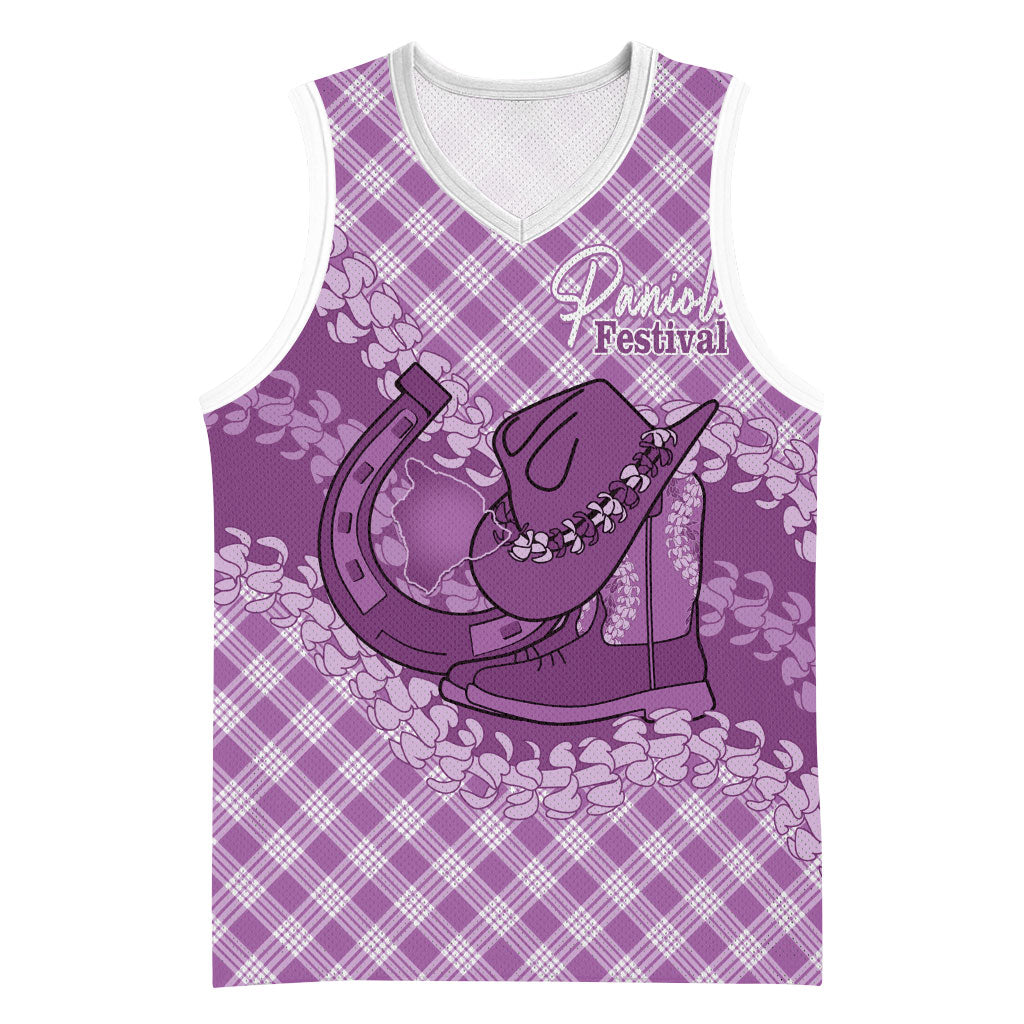Poni Hawaii Cowboy Palaka Motifs Personalised Basketball Jersey Paniolo Festival Puakenikeni Lei LT14 Unisex Purple - Polynesian Pride