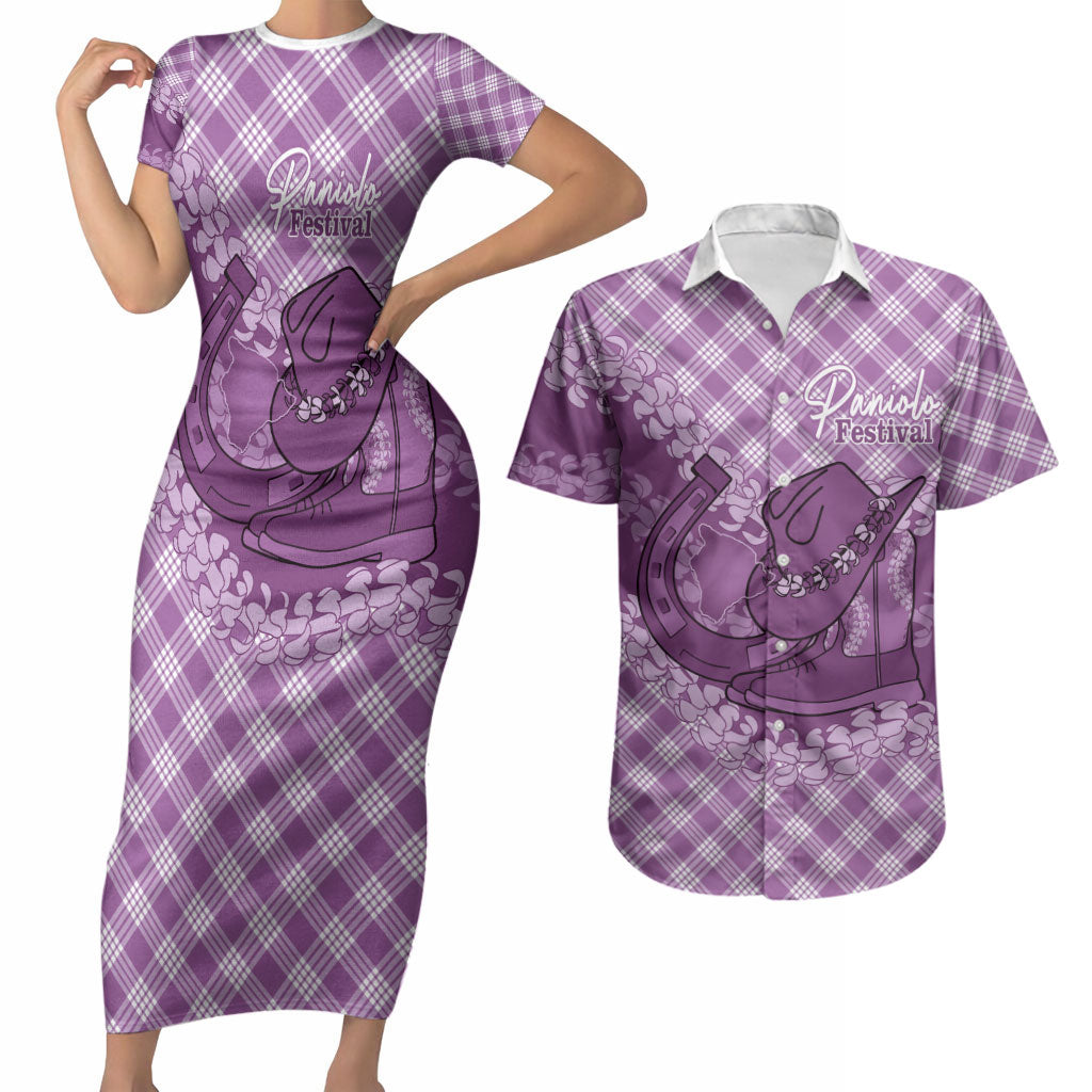 Poni Hawaii Cowboy Palaka Motifs Personalised Couples Matching Short Sleeve Bodycon Dress and Hawaiian Shirt Paniolo Festival Puakenikeni Lei LT14 Purple - Polynesian Pride