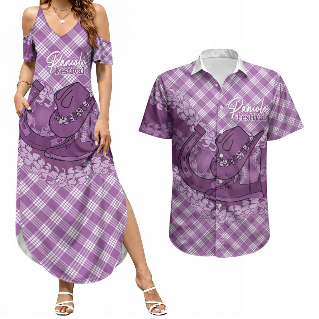 Poni Hawaii Cowboy Palaka Motifs Personalised Couples Matching Summer Maxi Dress and Hawaiian Shirt Paniolo Festival Puakenikeni Lei LT14 Purple - Polynesian Pride