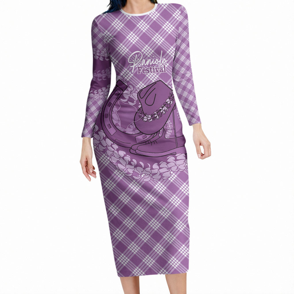 Poni Hawaii Cowboy Palaka Motifs Personalised Long Sleeve Bodycon Dress Paniolo Festival Puakenikeni Lei LT14 Long Dress Purple - Polynesian Pride