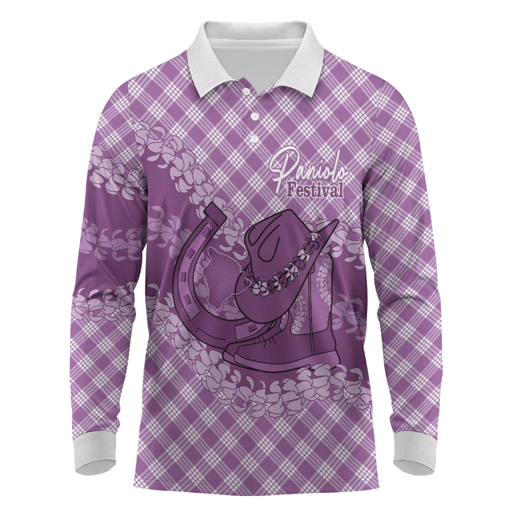 Poni Hawaii Cowboy Palaka Motifs Personalised Long Sleeve Polo Shirt Paniolo Festival Puakenikeni Lei LT14 Purple - Polynesian Pride