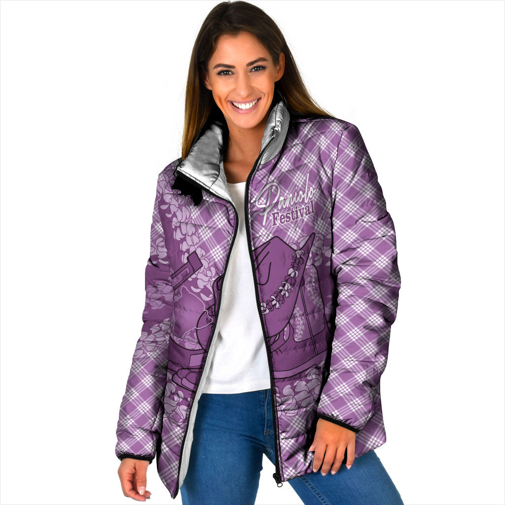 Poni Hawaii Cowboy Palaka Motifs Personalised Padded Jacket Paniolo Festival Puakenikeni Lei LT14 Women Purple - Polynesian Pride
