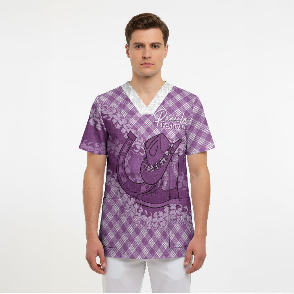 Poni Hawaii Cowboy Palaka Motifs Personalised Scrub Top Paniolo Festival Puakenikeni Lei LT14 - Polynesian Pride