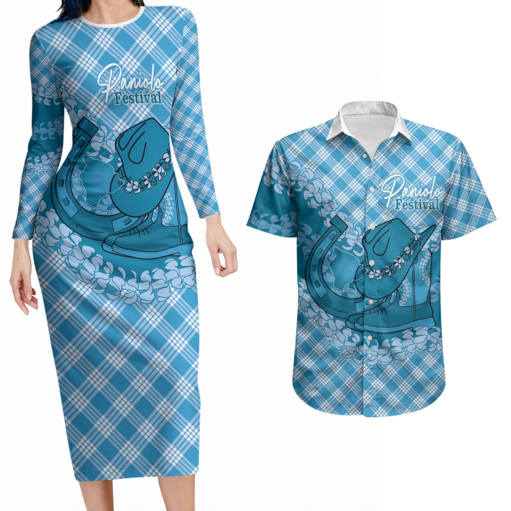 Polu Hawaii Cowboy Palaka Motifs Personalised Couples Matching Long Sleeve Bodycon Dress and Hawaiian Shirt Paniolo Festival Puakenikeni Lei LT14 Blue - Polynesian Pride