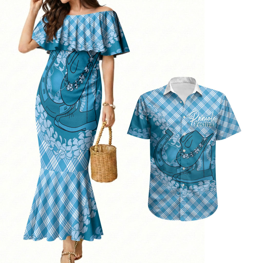 Polu Hawaii Cowboy Palaka Motifs Personalised Couples Matching Mermaid Dress and Hawaiian Shirt Paniolo Festival Puakenikeni Lei LT14 Blue - Polynesian Pride