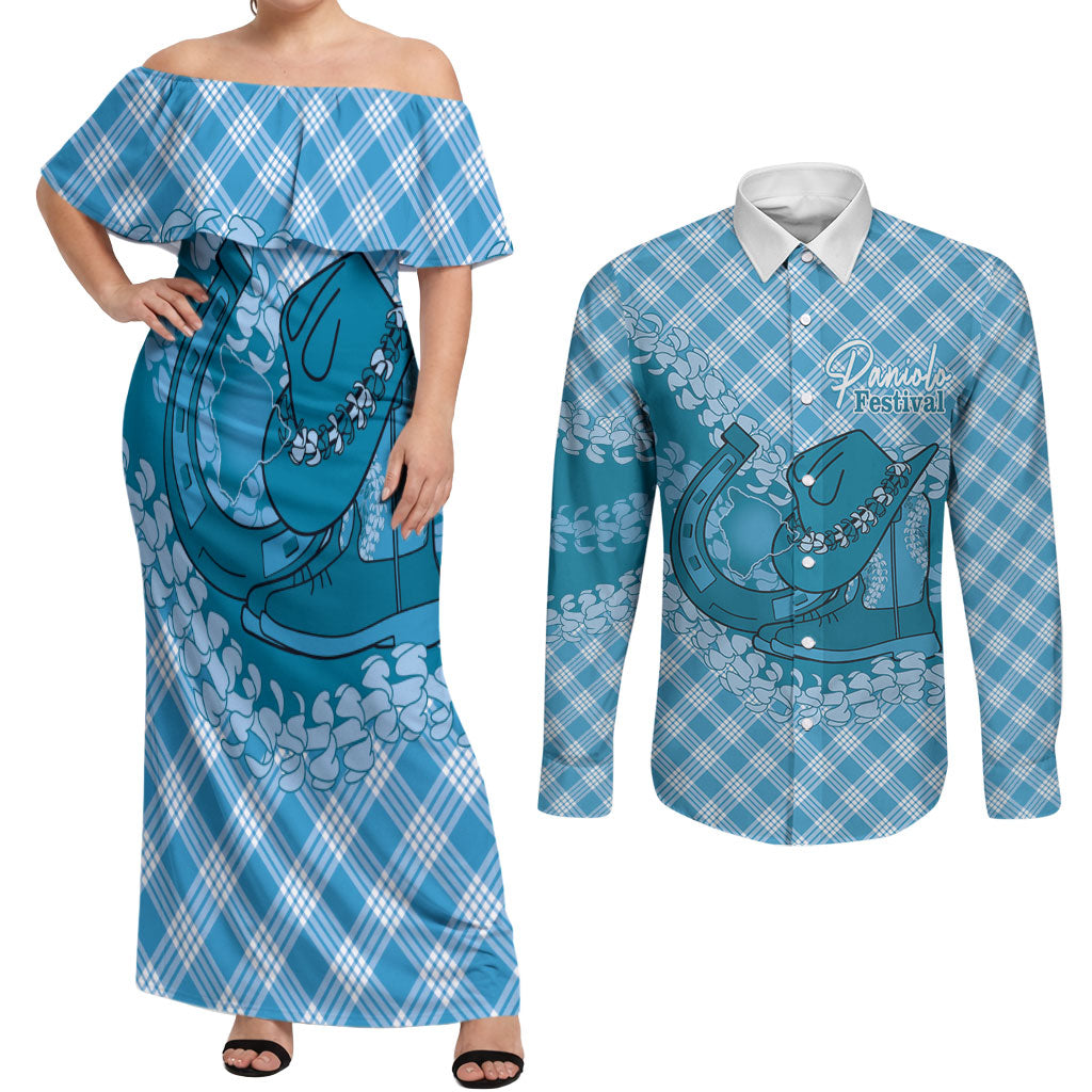 Polu Hawaii Cowboy Palaka Motifs Personalised Couples Matching Off Shoulder Maxi Dress and Long Sleeve Button Shirt Paniolo Festival Puakenikeni Lei LT14 Blue - Polynesian Pride