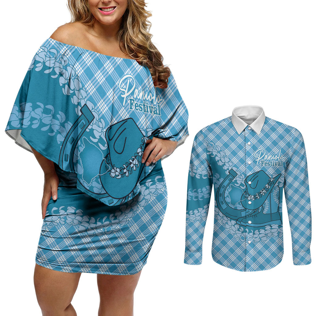 Polu Hawaii Cowboy Palaka Motifs Personalised Couples Matching Off Shoulder Short Dress and Long Sleeve Button Shirt Paniolo Festival Puakenikeni Lei LT14 Blue - Polynesian Pride