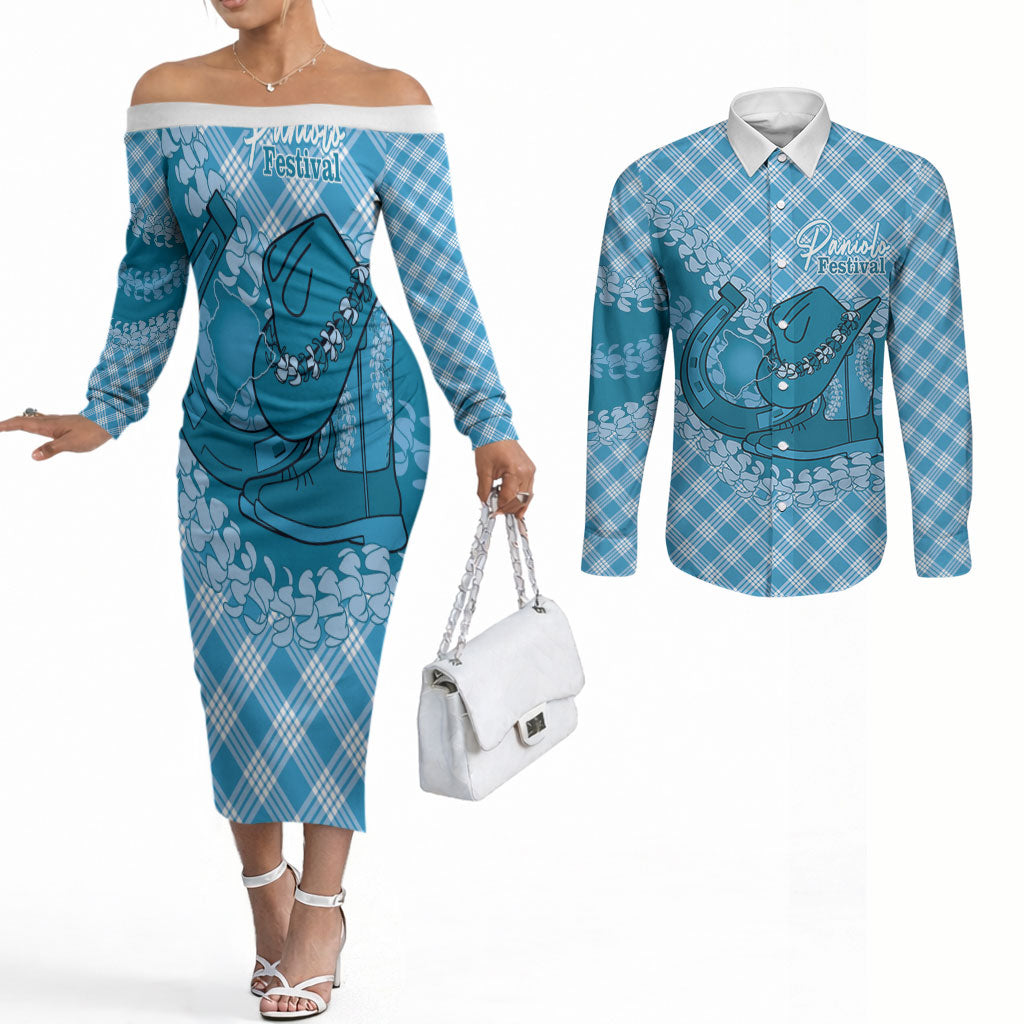 Polu Hawaii Cowboy Palaka Motifs Personalised Couples Matching Off The Shoulder Long Sleeve Dress and Long Sleeve Button Shirt Paniolo Festival Puakenikeni Lei LT14 Blue - Polynesian Pride
