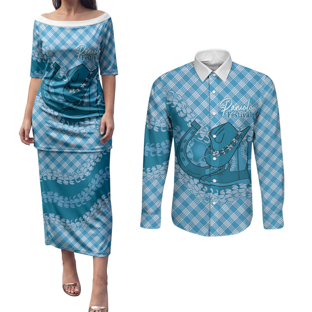 Polu Hawaii Cowboy Palaka Motifs Personalised Couples Matching Puletasi and Long Sleeve Button Shirt Paniolo Festival Puakenikeni Lei LT14 Blue - Polynesian Pride