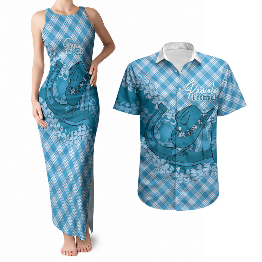 Polu Hawaii Cowboy Palaka Motifs Personalised Couples Matching Tank Maxi Dress and Hawaiian Shirt Paniolo Festival Puakenikeni Lei LT14 Blue - Polynesian Pride
