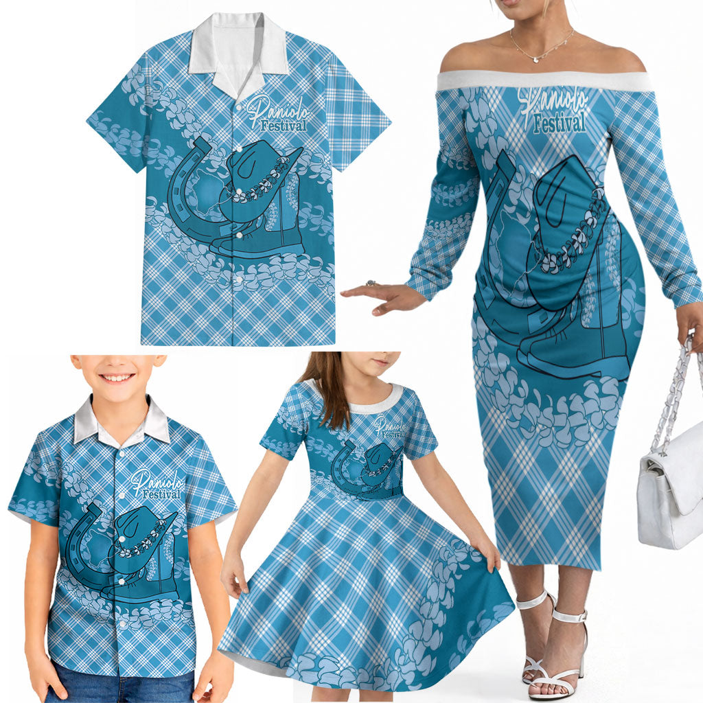 Polu Hawaii Cowboy Palaka Motifs Personalised Family Matching Off The Shoulder Long Sleeve Dress and Hawaiian Shirt Paniolo Festival Puakenikeni Lei LT14 - Polynesian Pride