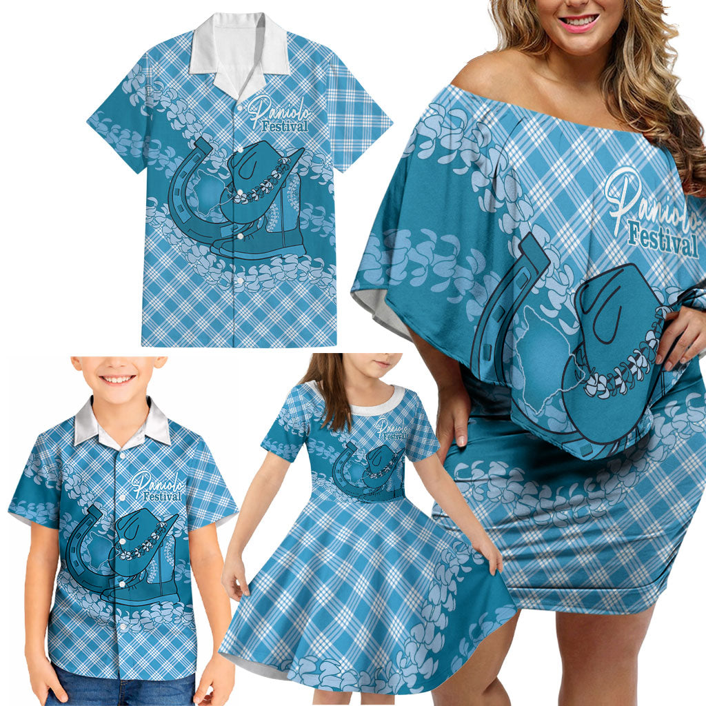 Polu Hawaii Cowboy Palaka Motifs Personalised Family Matching Off Shoulder Short Dress and Hawaiian Shirt Paniolo Festival Puakenikeni Lei LT14 - Polynesian Pride