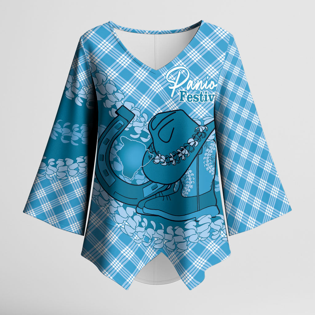 Polu Hawaii Cowboy Palaka Motifs Personalised Kimono Sleeve Blouse Paniolo Festival Puakenikeni Lei LT14 Female Blue - Polynesian Pride