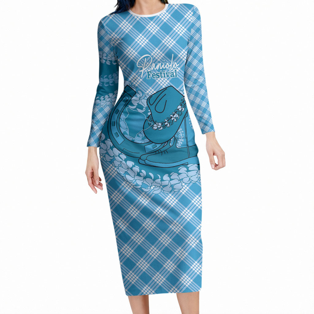Polu Hawaii Cowboy Palaka Motifs Personalised Long Sleeve Bodycon Dress Paniolo Festival Puakenikeni Lei LT14 Long Dress Blue - Polynesian Pride