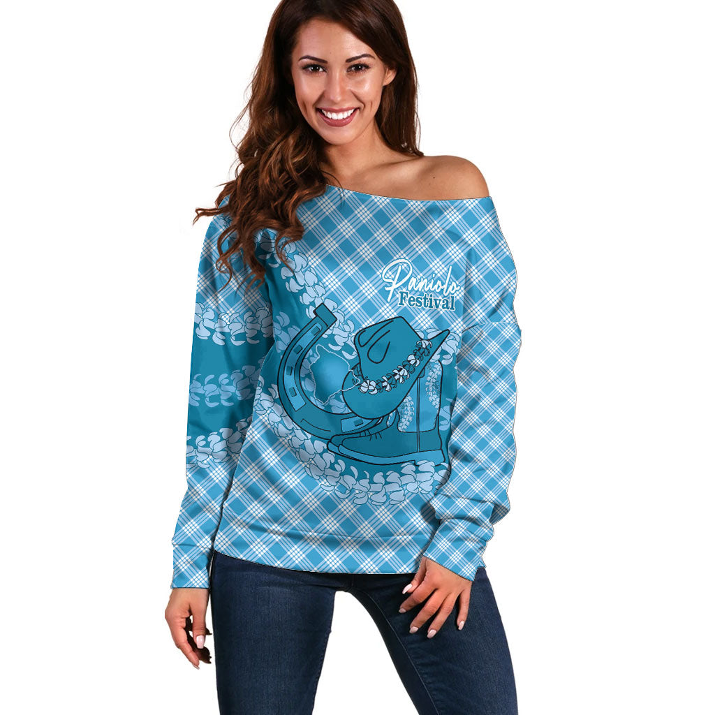 Polu Hawaii Cowboy Palaka Motifs Personalised Off Shoulder Sweater Paniolo Festival Puakenikeni Lei LT14 Women Blue - Polynesian Pride