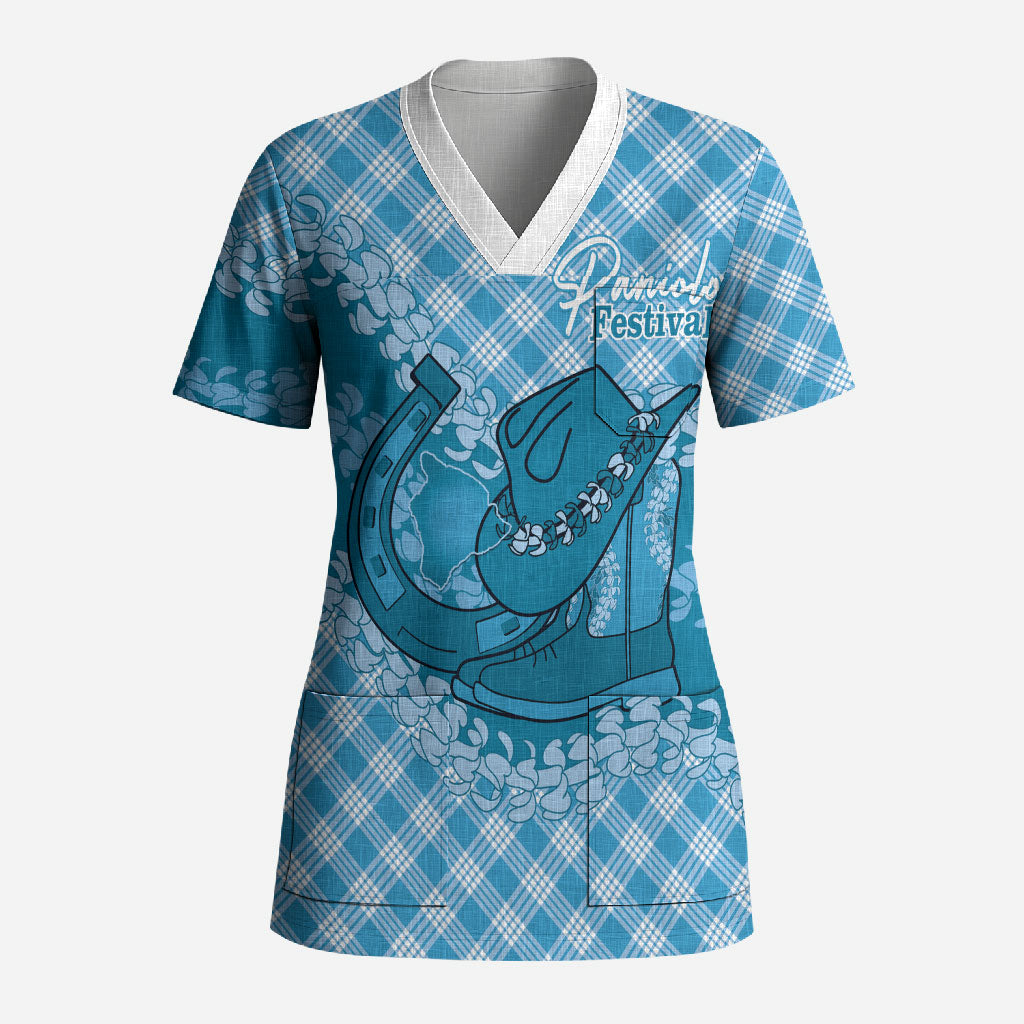 Polu Hawaii Cowboy Palaka Motifs Personalised Scrub Top Paniolo Festival Puakenikeni Lei
