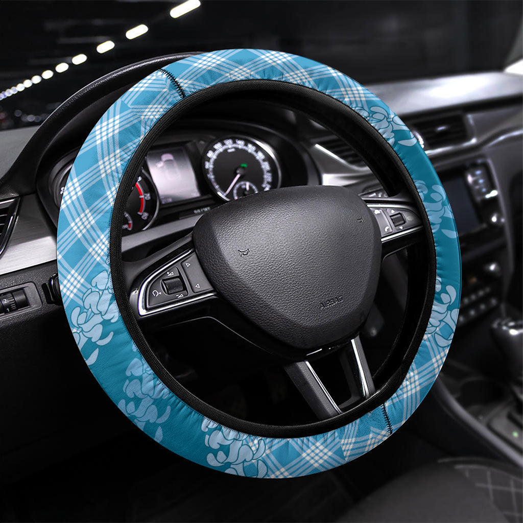 Polu Hawaii Cowboy Palaka Motifs Steering Wheel Cover Paniolo Festival Puakenikeni Lei LT14 Universal Fit Blue - Polynesian Pride