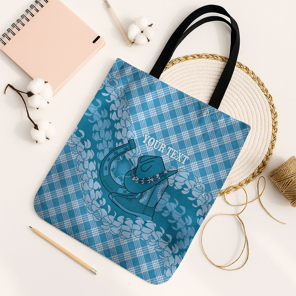 Polu Hawaii Cowboy Palaka Motifs Personalised Tote Bag Paniolo Festival Puakenikeni Lei LT14 Black Strap One Size Blue - Polynesian Pride