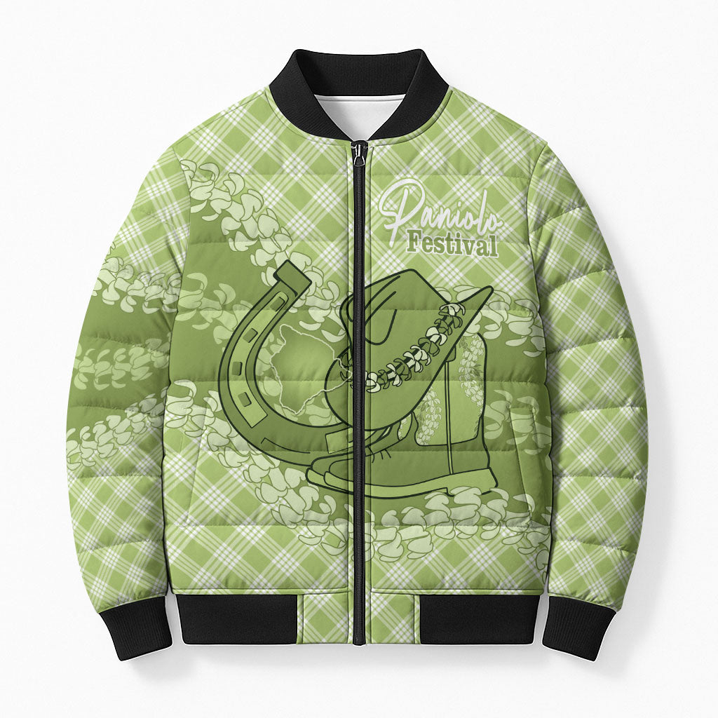 Omaomao Hawaii Cowboy Palaka Motifs Personalised Bomber Puffer Jacket Paniolo Festival Puakenikeni Lei LT14 Unisex Green - Polynesian Pride
