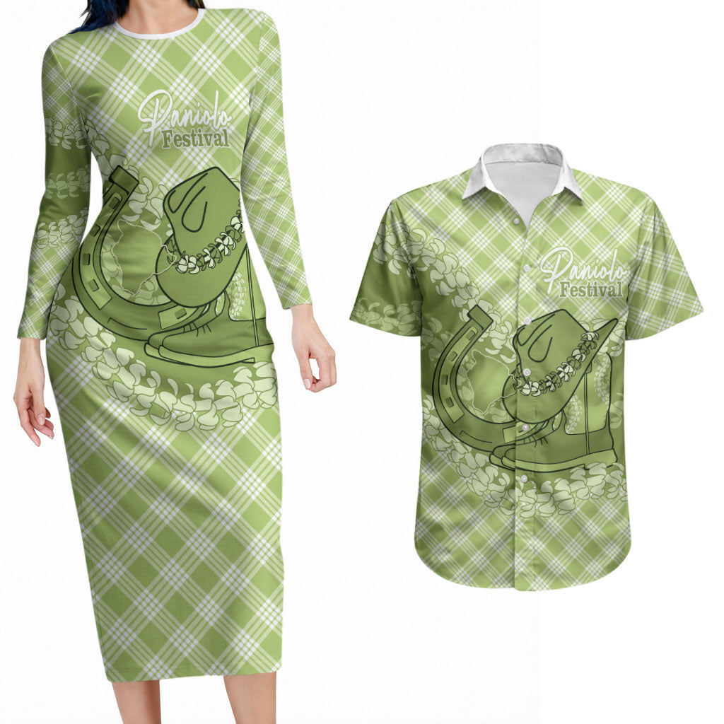 Omaomao Hawaii Cowboy Palaka Motifs Personalised Couples Matching Long Sleeve Bodycon Dress and Hawaiian Shirt Paniolo Festival Puakenikeni Lei LT14 Green - Polynesian Pride