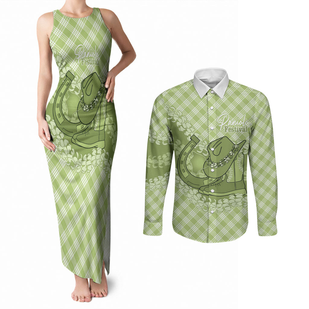 Omaomao Hawaii Cowboy Palaka Motifs Personalised Couples Matching Tank Maxi Dress and Long Sleeve Button Shirt Paniolo Festival Puakenikeni Lei LT14 Green - Polynesian Pride