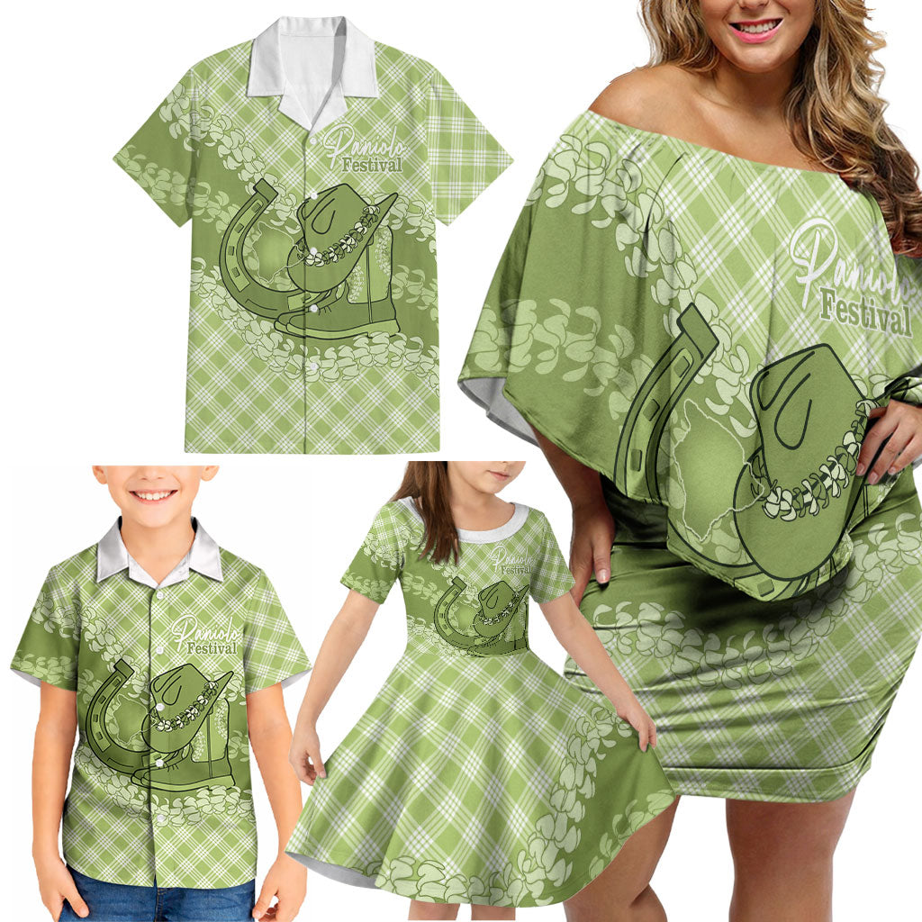 Omaomao Hawaii Cowboy Palaka Motifs Personalised Family Matching Off Shoulder Short Dress and Hawaiian Shirt Paniolo Festival Puakenikeni Lei LT14 - Polynesian Pride