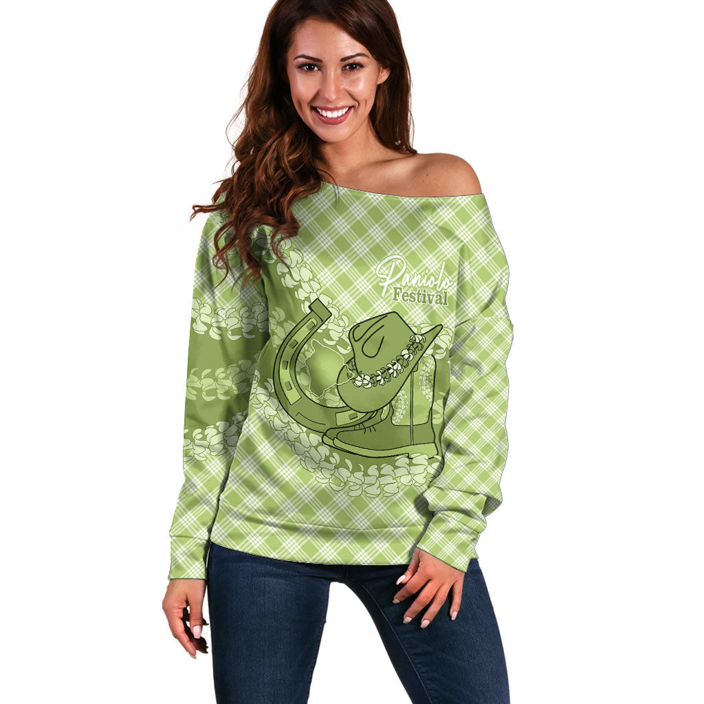 Omaomao Hawaii Cowboy Palaka Motifs Personalised Off Shoulder Sweater Paniolo Festival Puakenikeni Lei LT14 Women Green - Polynesian Pride