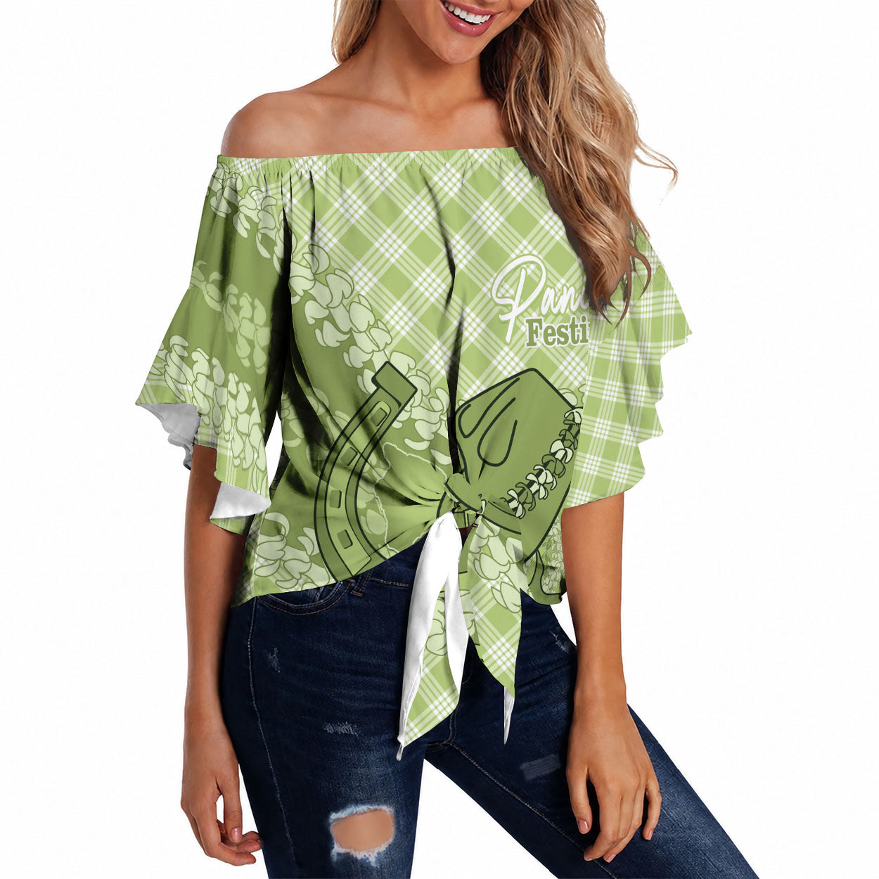 Omaomao Hawaii Cowboy Palaka Motifs Personalised Off Shoulder Wrap Waist Top Paniolo Festival Puakenikeni Lei