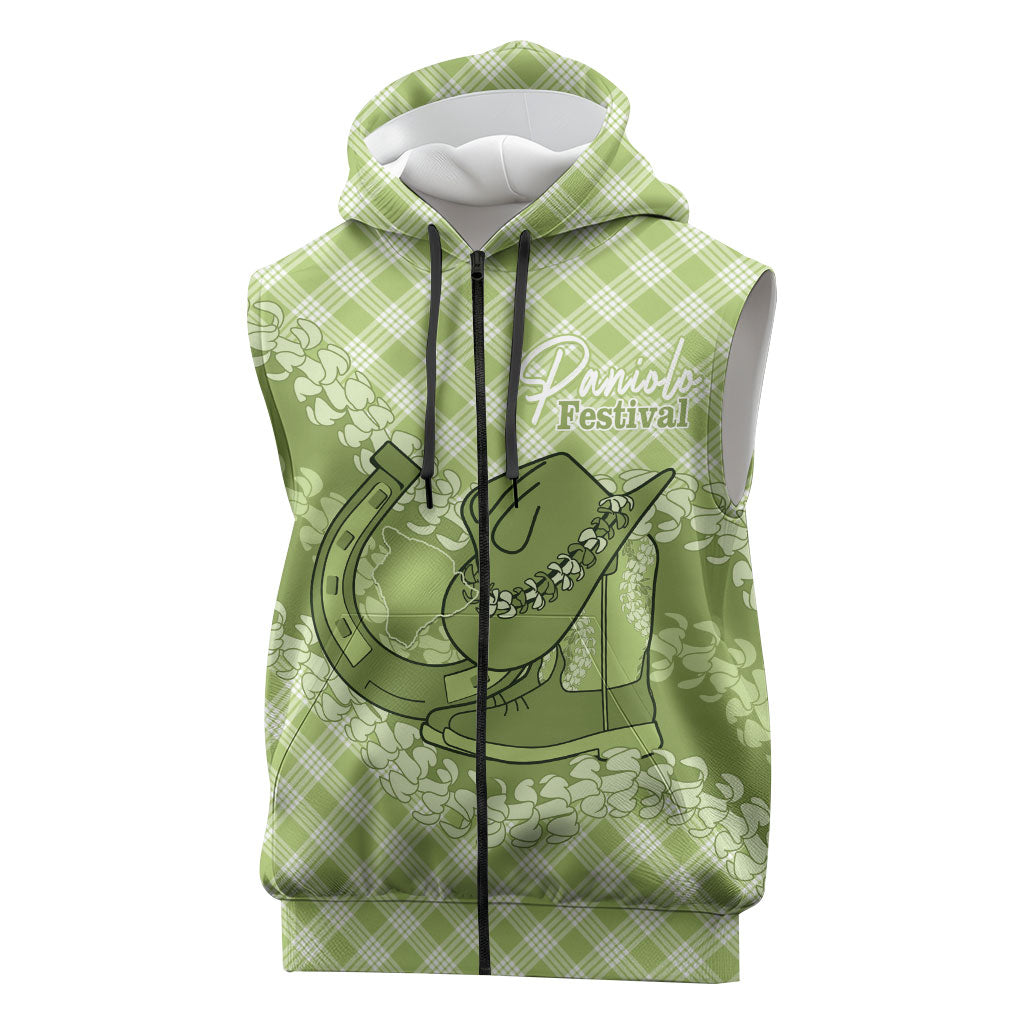 Omaomao Hawaii Cowboy Palaka Motifs Personalised Sleeveless Zip Hoodie Paniolo Festival Puakenikeni Lei LT14 Green - Polynesian Pride