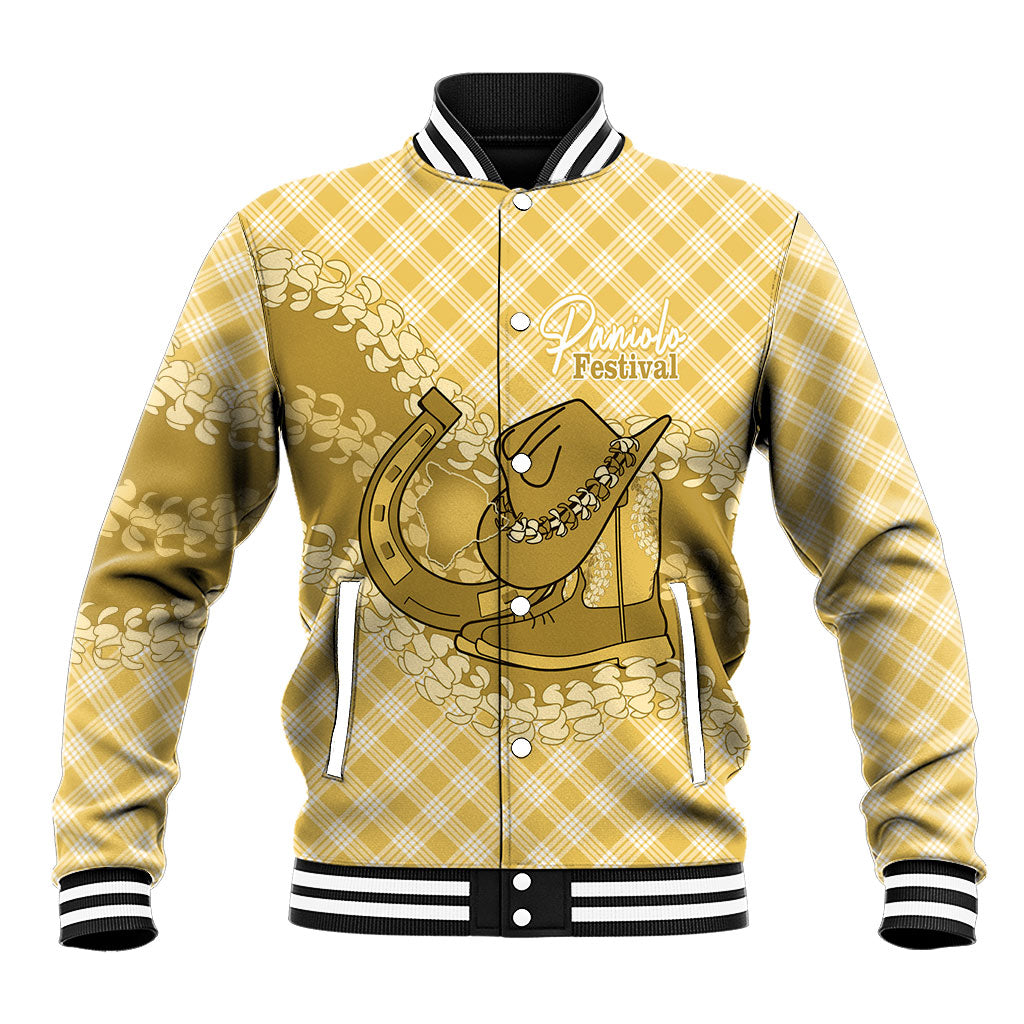 Melemele Hawaii Cowboy Palaka Motifs Personalised Baseball Jacket Paniolo Festival Puakenikeni Lei LT14 Unisex Yellow - Polynesian Pride