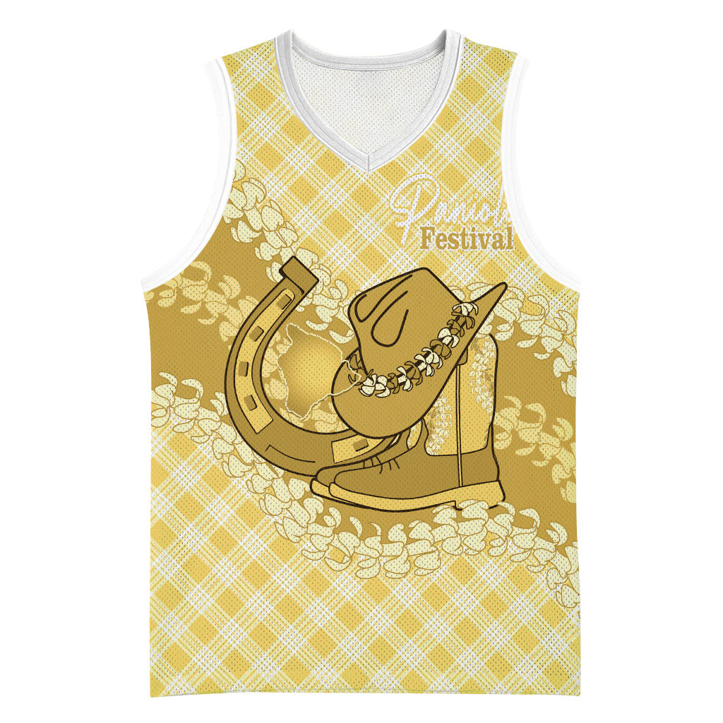 Melemele Hawaii Cowboy Palaka Motifs Personalised Basketball Jersey Paniolo Festival Puakenikeni Lei LT14 Unisex Yellow - Polynesian Pride