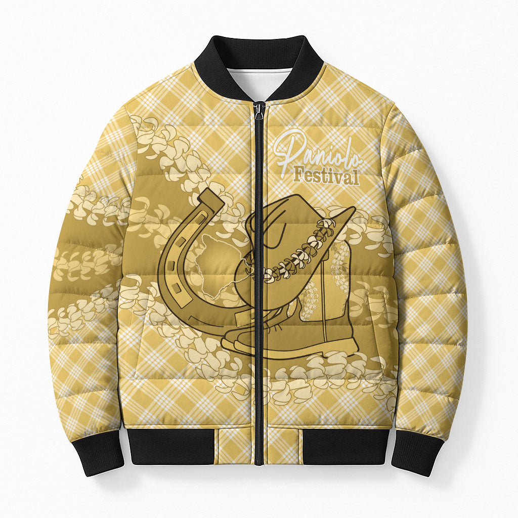 Melemele Hawaii Cowboy Palaka Motifs Personalised Bomber Puffer Jacket Paniolo Festival Puakenikeni Lei LT14 Unisex Yellow - Polynesian Pride