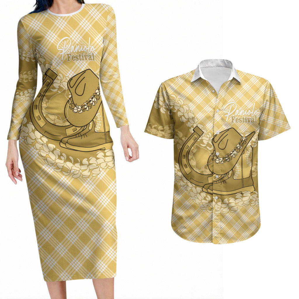 Melemele Hawaii Cowboy Palaka Motifs Personalised Couples Matching Long Sleeve Bodycon Dress and Hawaiian Shirt Paniolo Festival Puakenikeni Lei LT14 Yellow - Polynesian Pride