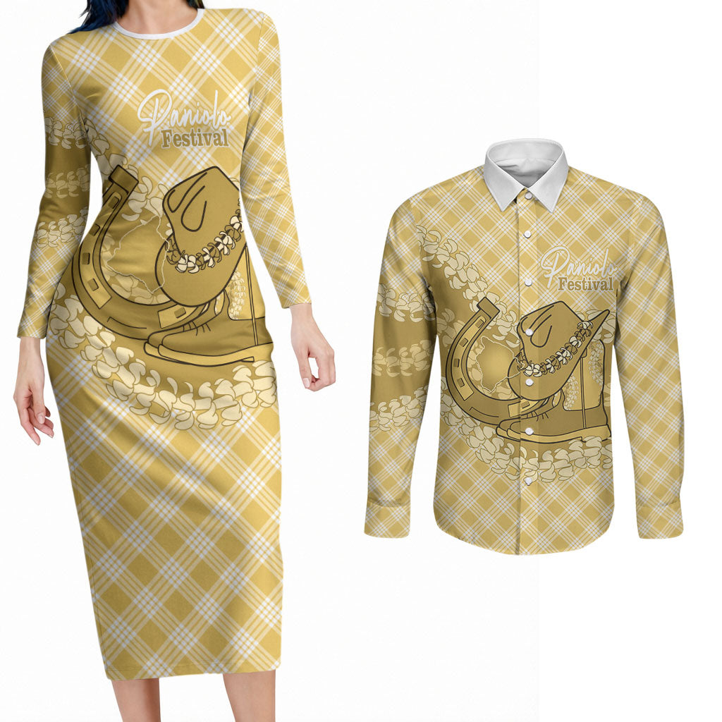 Melemele Hawaii Cowboy Palaka Motifs Personalised Couples Matching Long Sleeve Bodycon Dress and Long Sleeve Button Shirt Paniolo Festival Puakenikeni Lei LT14 Yellow - Polynesian Pride