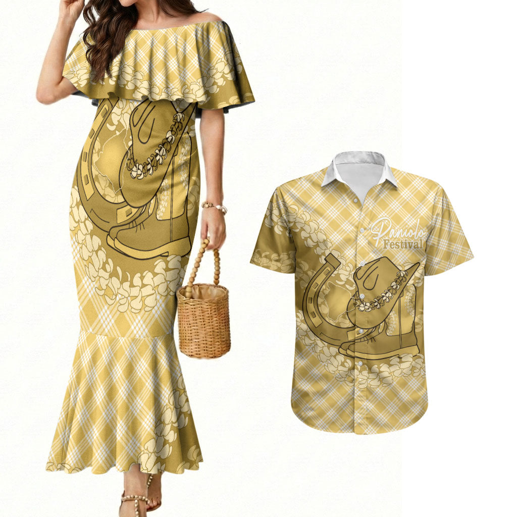 Melemele Hawaii Cowboy Palaka Motifs Personalised Couples Matching Mermaid Dress and Hawaiian Shirt Paniolo Festival Puakenikeni Lei LT14 Yellow - Polynesian Pride