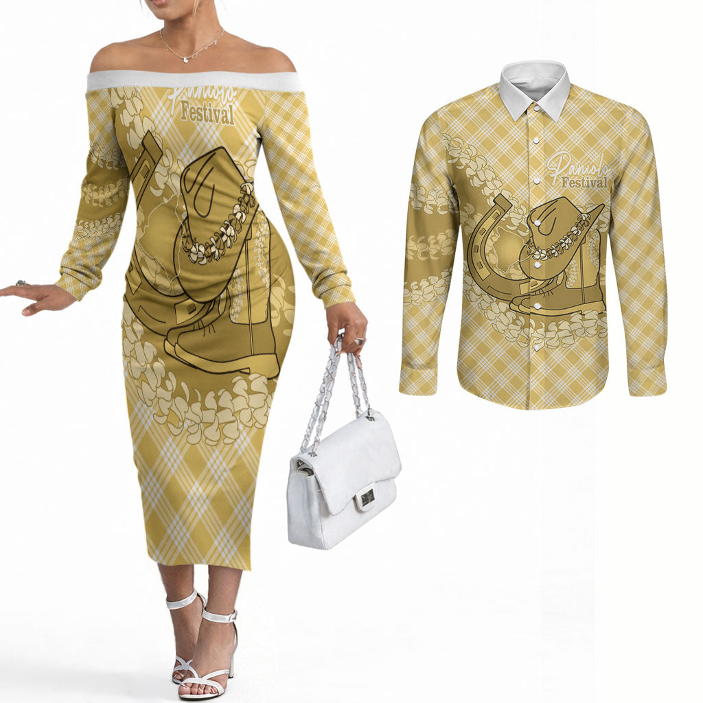 Melemele Hawaii Cowboy Palaka Motifs Personalised Couples Matching Off The Shoulder Long Sleeve Dress and Long Sleeve Button Shirt Paniolo Festival Puakenikeni Lei LT14 Yellow - Polynesian Pride