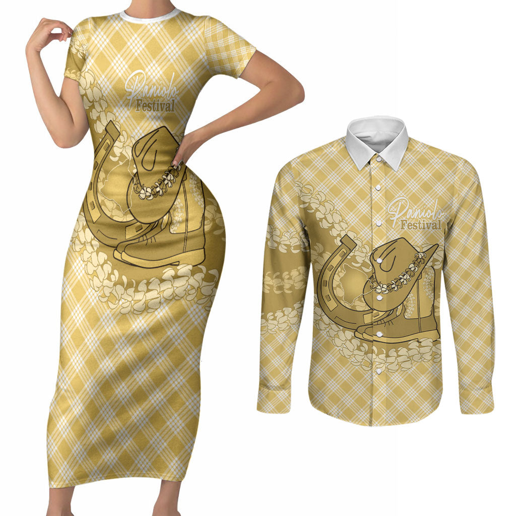 Melemele Hawaii Cowboy Palaka Motifs Personalised Couples Matching Short Sleeve Bodycon Dress and Long Sleeve Button Shirt Paniolo Festival Puakenikeni Lei LT14 Yellow - Polynesian Pride